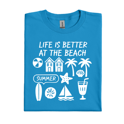 Sapphire Blue t-shirt with beach-themed graphics and text on a white background