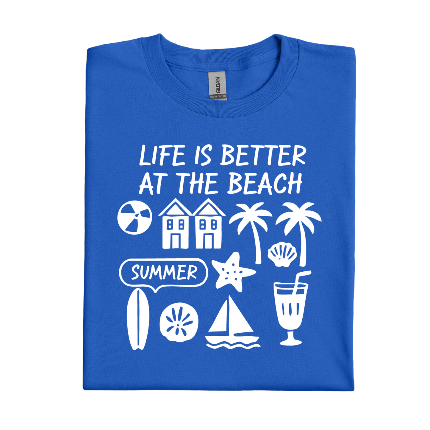 Royal Blue t-shirt with white beach-themed graphics and text on a white background