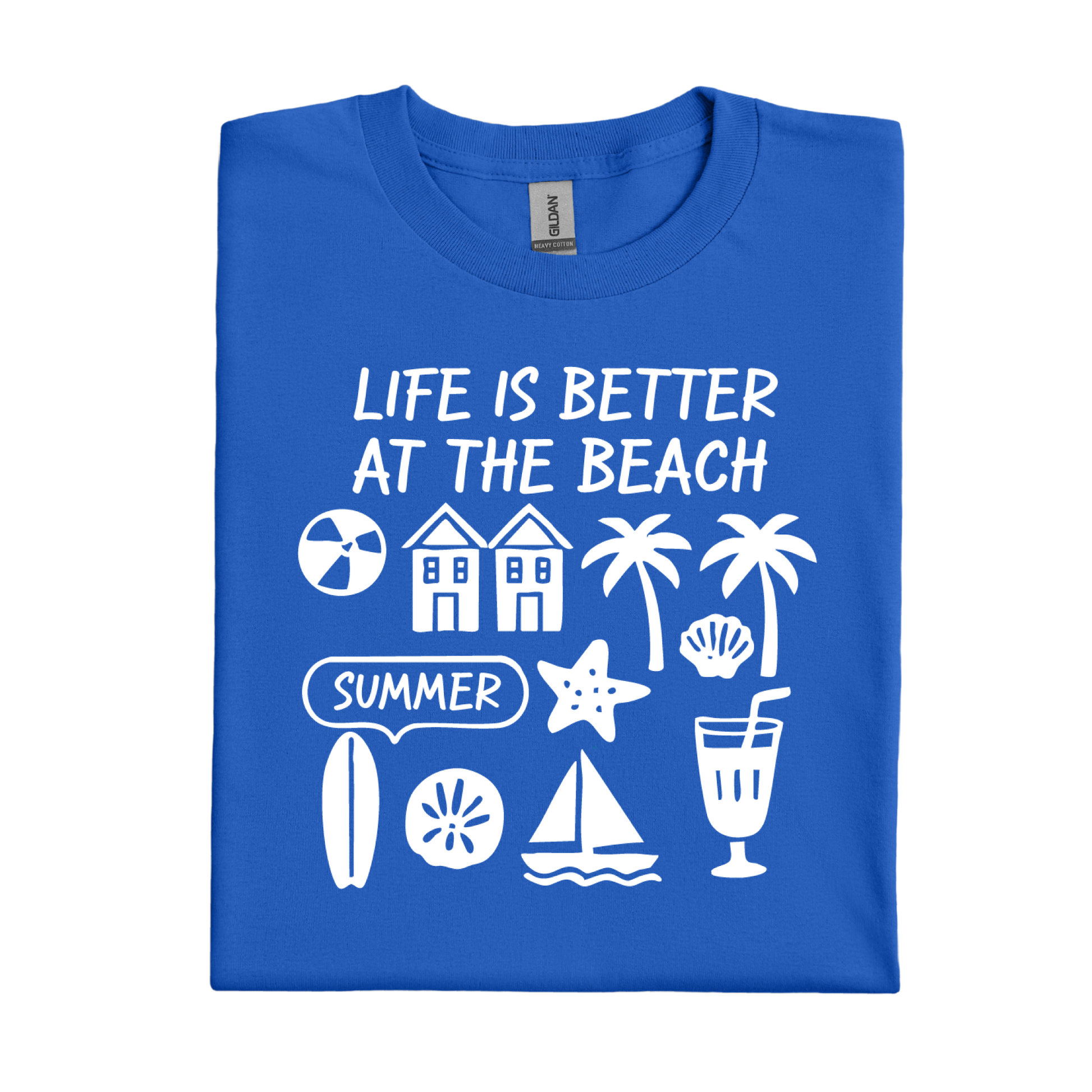Royal Blue t-shirt with white beach-themed graphics and text on a white background
