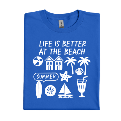Royal Blue t-shirt with white beach-themed graphics and text on a white background