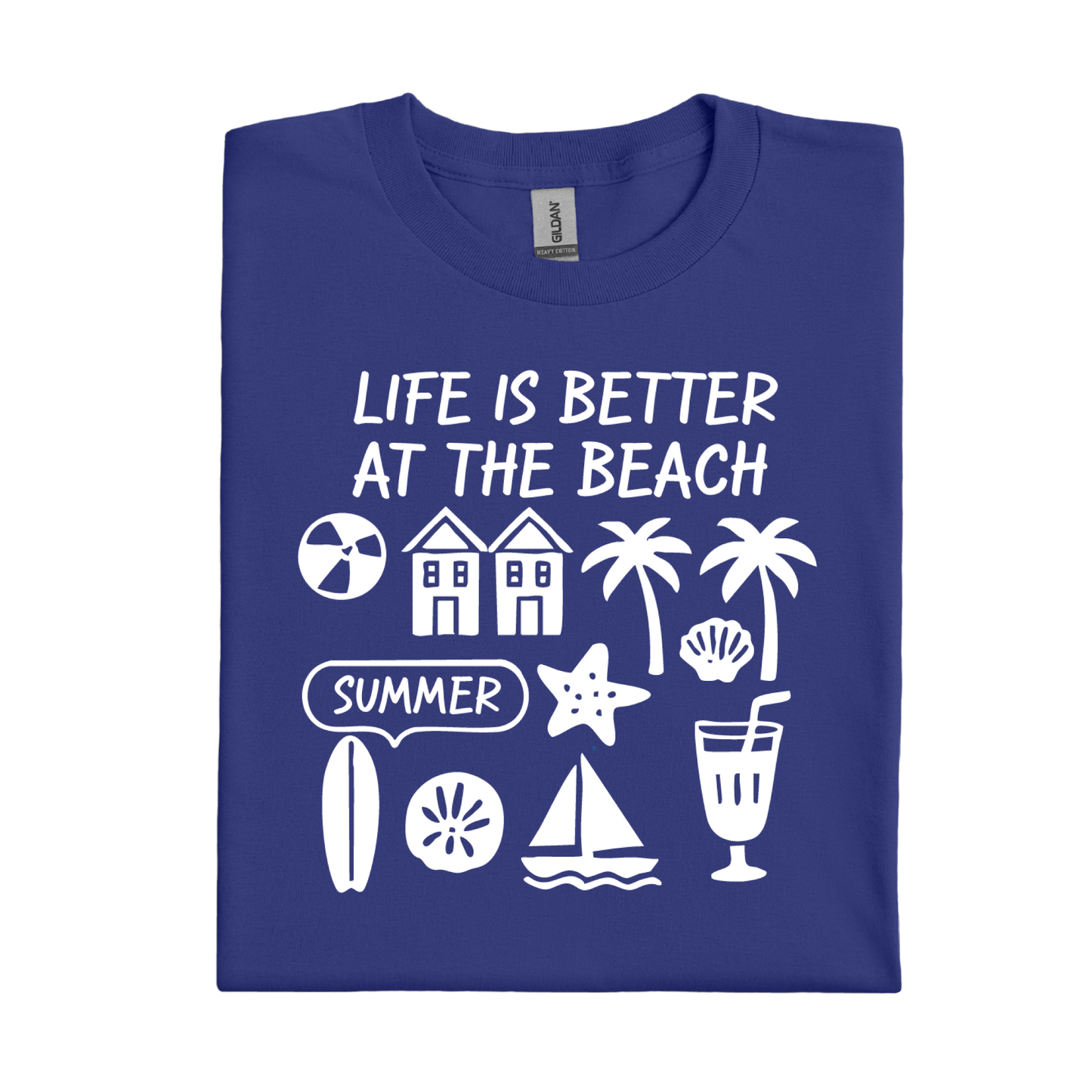 Cobalt Blue t-shirt with white beach-themed graphics and text on a white background