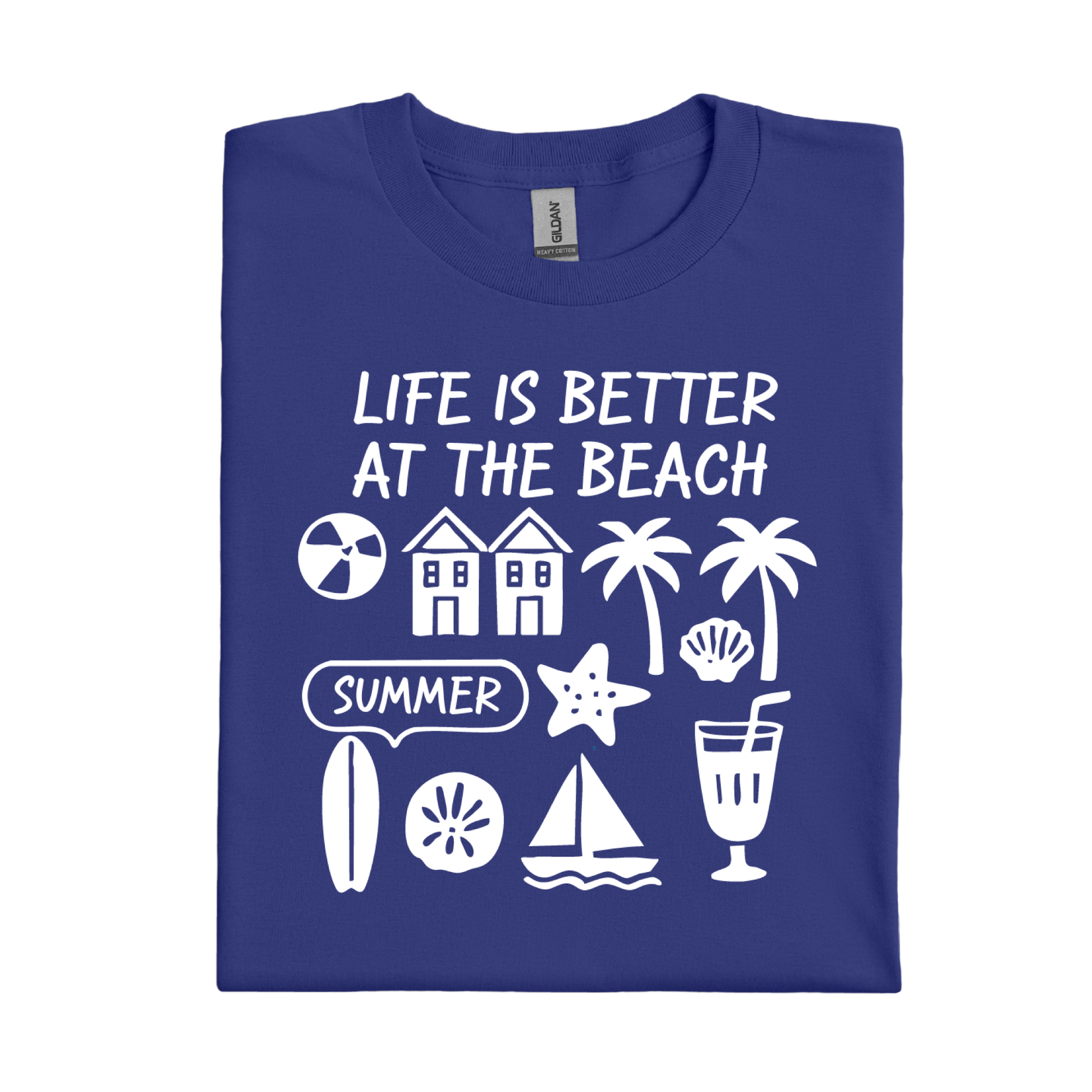 Cobalt Blue t-shirt with white beach-themed graphics and text on a white background