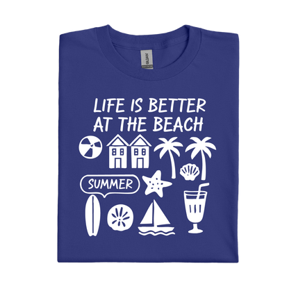 Cobalt Blue t-shirt with white beach-themed graphics and text on a white background