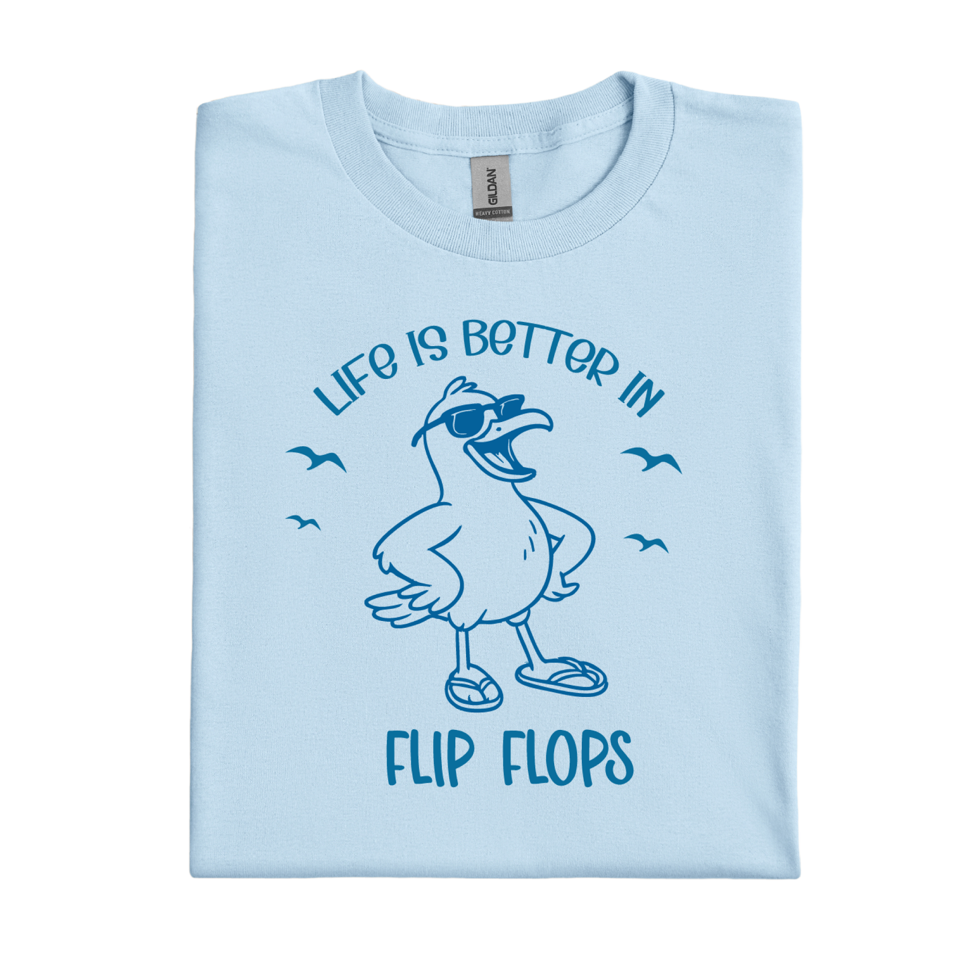 Light blue t-shirt with a cartoon seagull and text 'Life is better in flip flops' on a white background
