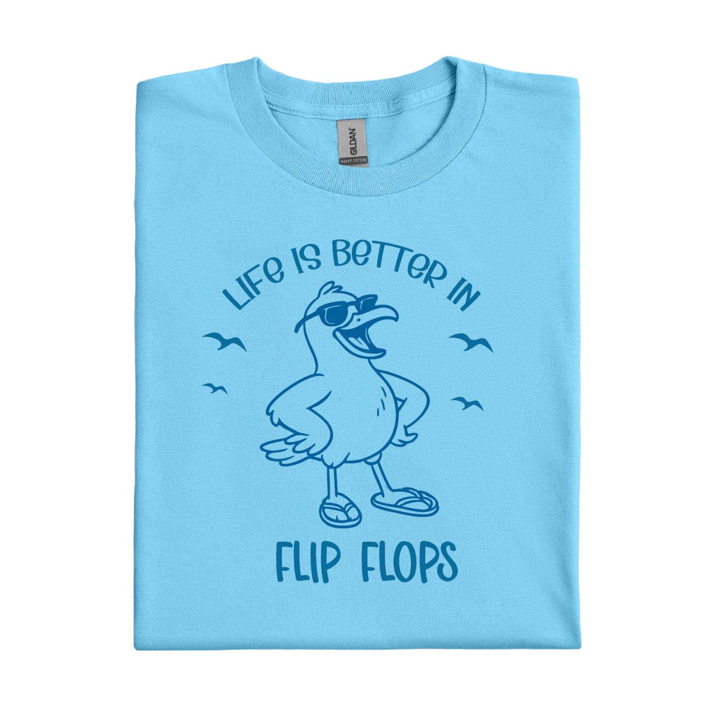 Sky blue t-shirt with a seagull graphic and text 'Life is better in flip flops' on a white background