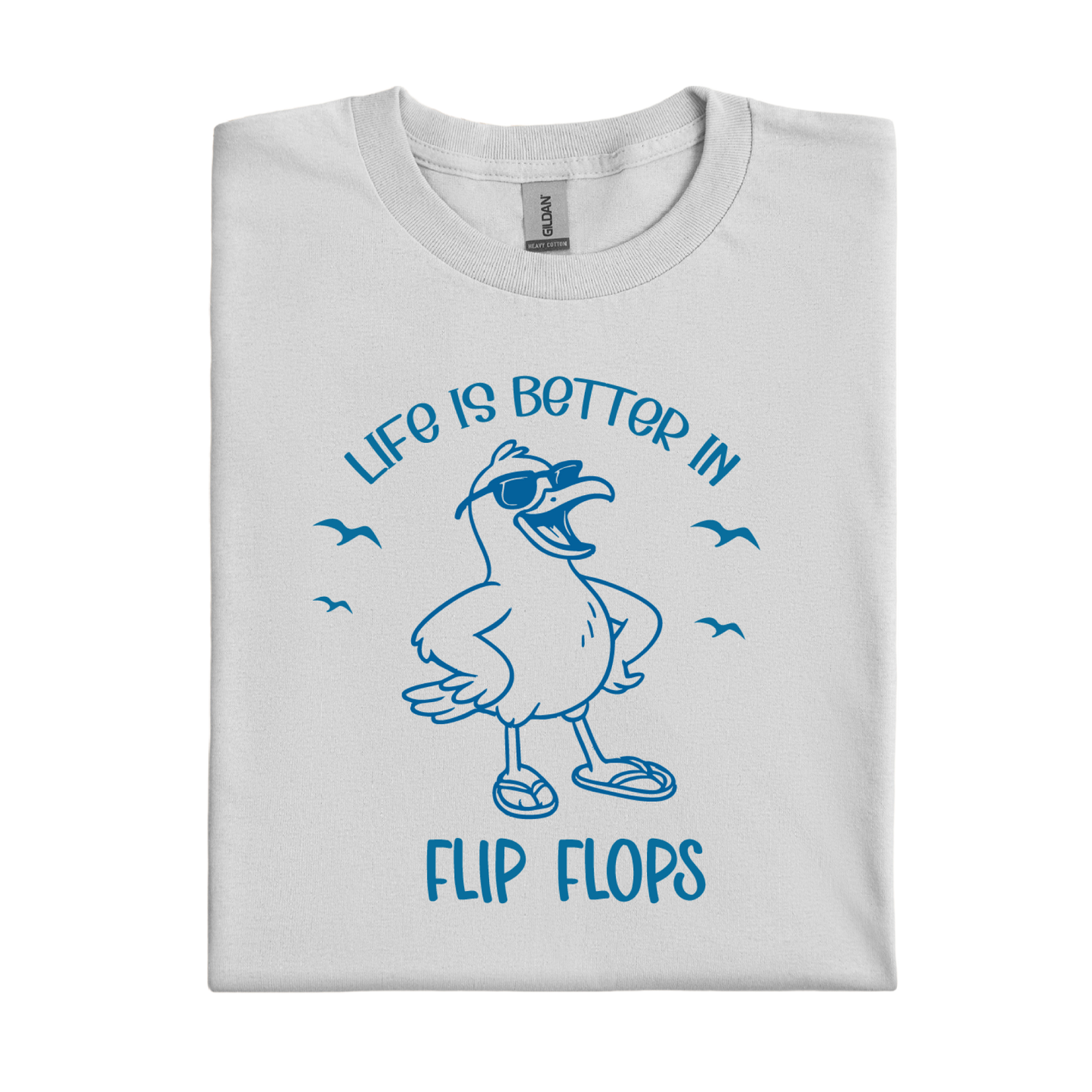 Ice Grey t-shirt with blue graphic and text 'Life is better in flip flops' on a white background
