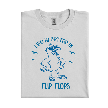 Ice Grey t-shirt with blue graphic and text 'Life is better in flip flops' on a white background