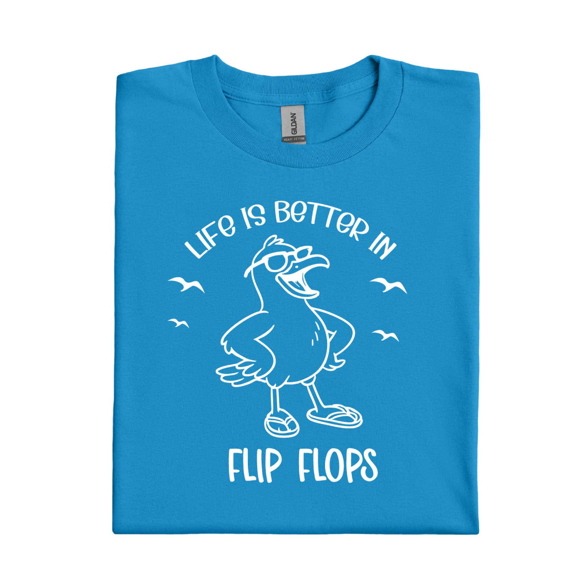 Sapphire Blue t-shirt with a cartoon seagull and text 'Life is better in flip flops' on a white background