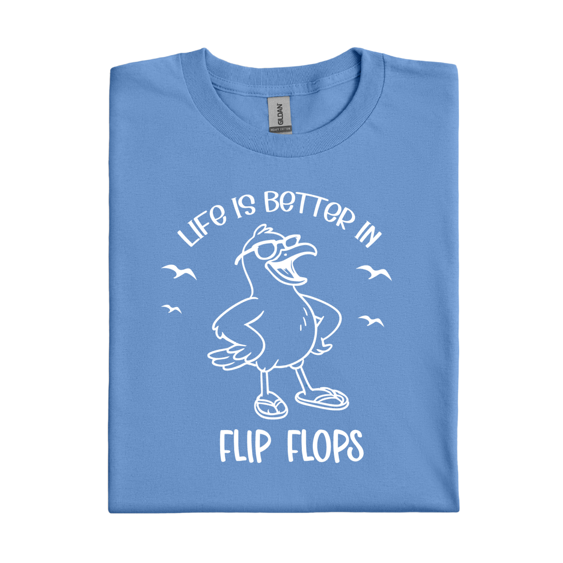 Carolina Blue t-shirt with a cartoon seagull and text 'Life is better in flip flops' on a white background