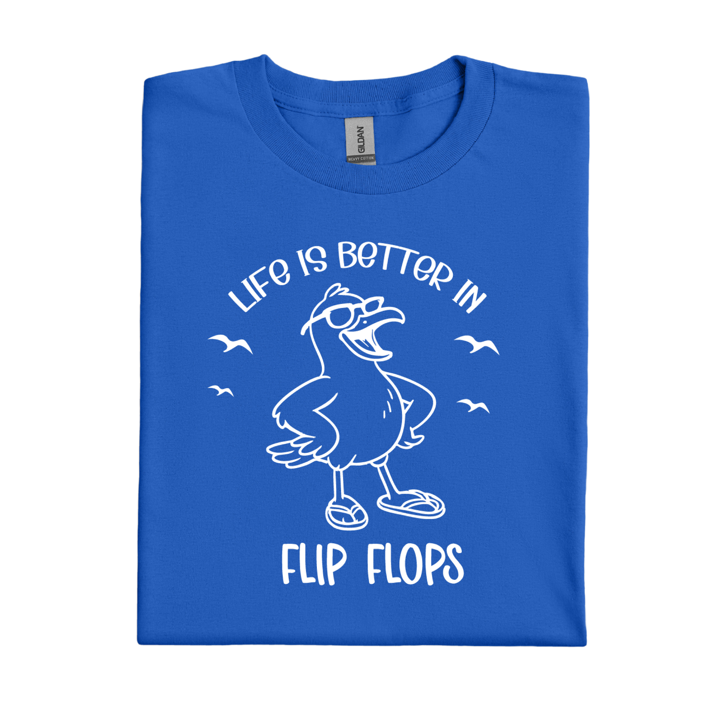 Royal Blue t-shirt with white graphic and text 'Life is better in flip flops' on a white background