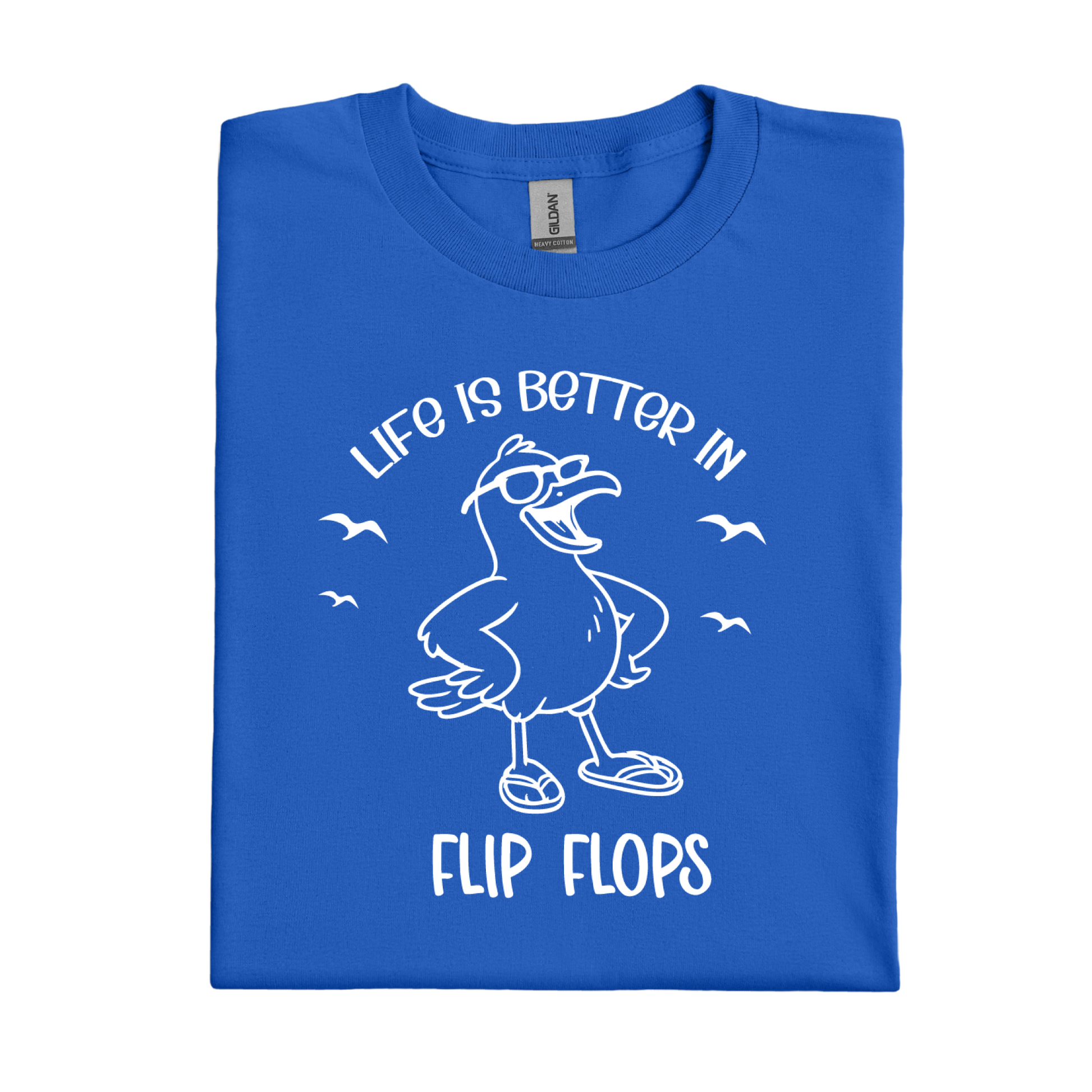 Royal Blue t-shirt with white graphic and text 'Life is better in flip flops' on a white background