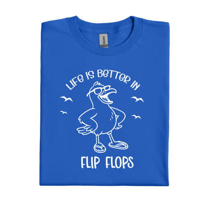 Royal Blue t-shirt with white graphic and text 'Life is better in flip flops' on a white background