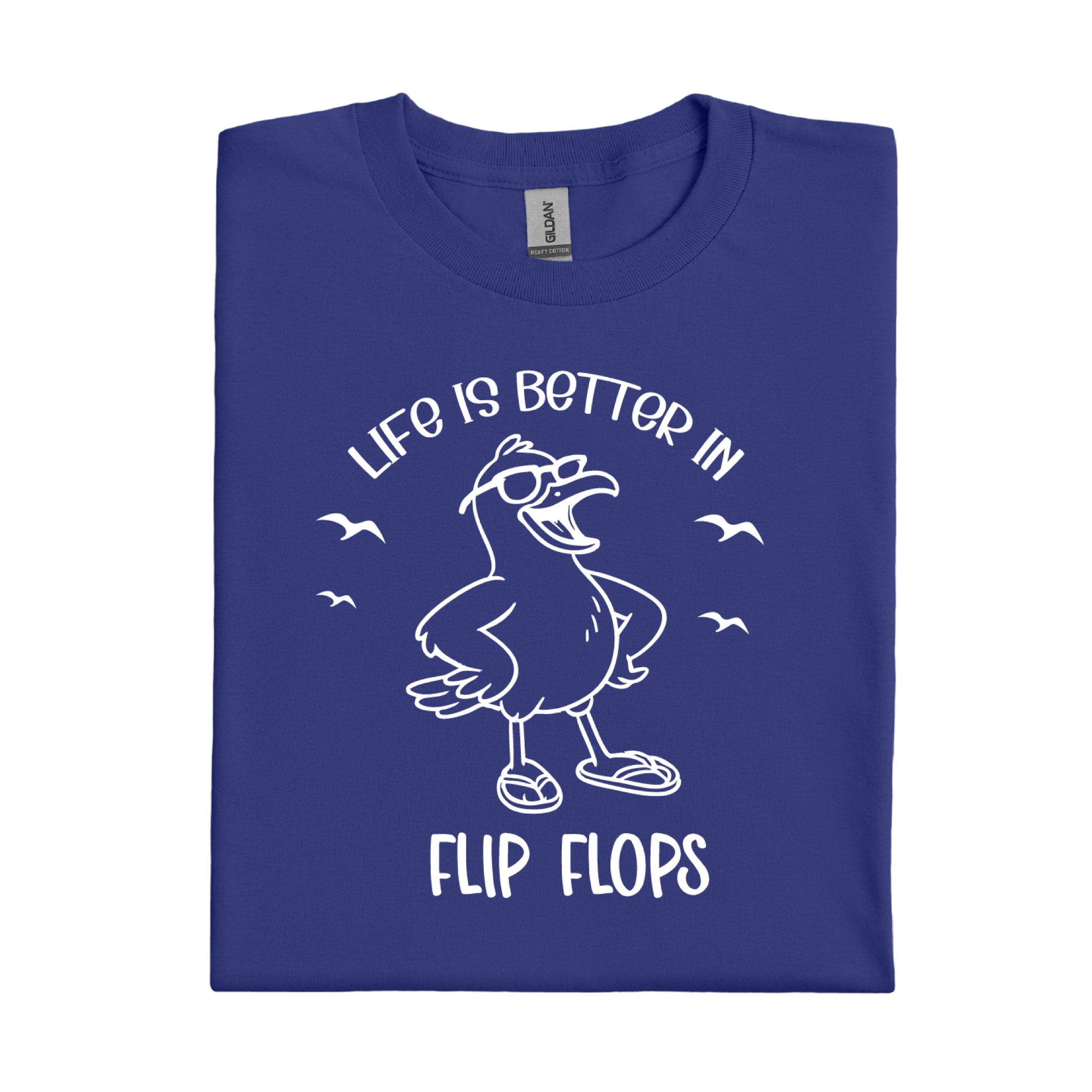 Cobalt Blue t-shirt with a cartoon seagull and text 'Life is better in flip flops' on a white background