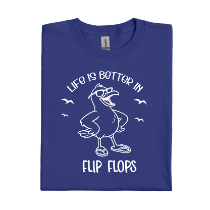 Cobalt Blue t-shirt with a cartoon seagull and text 'Life is better in flip flops' on a white background