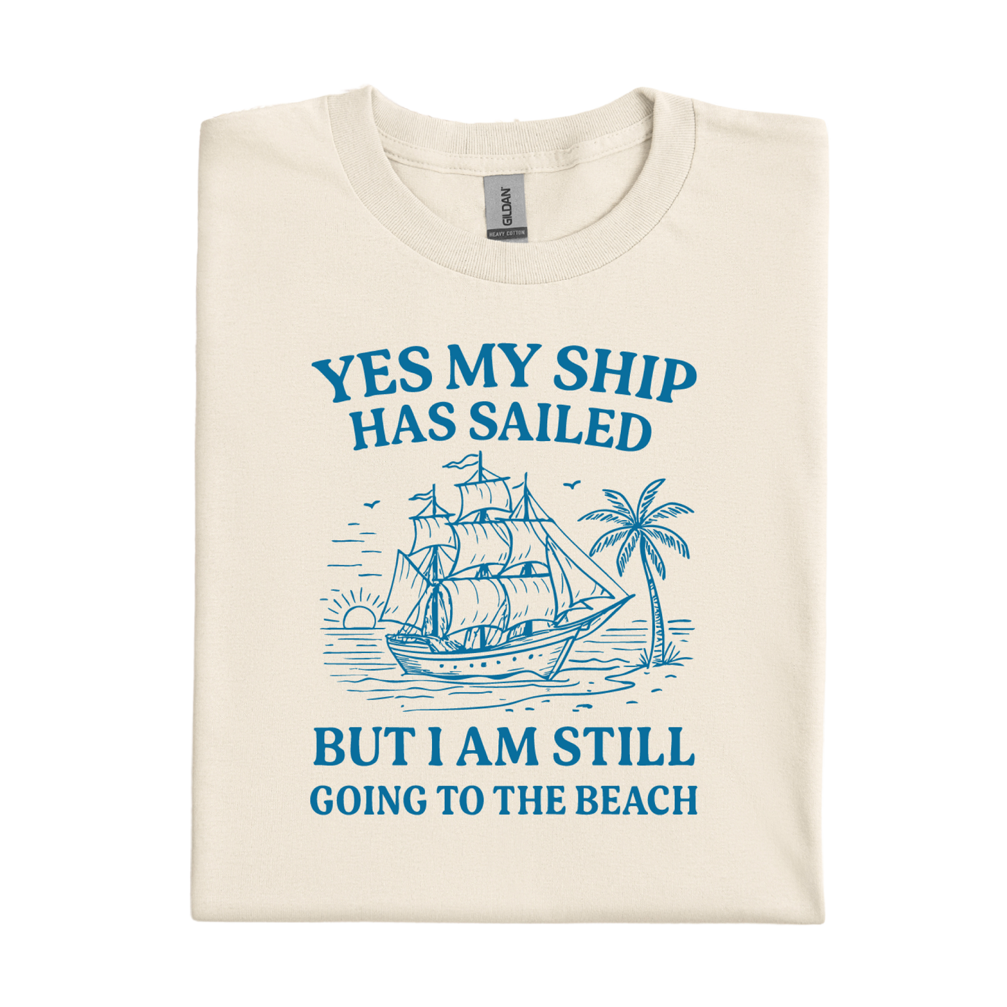 Natural t-shirt with blue ship and palm tree graphic and text on a white background