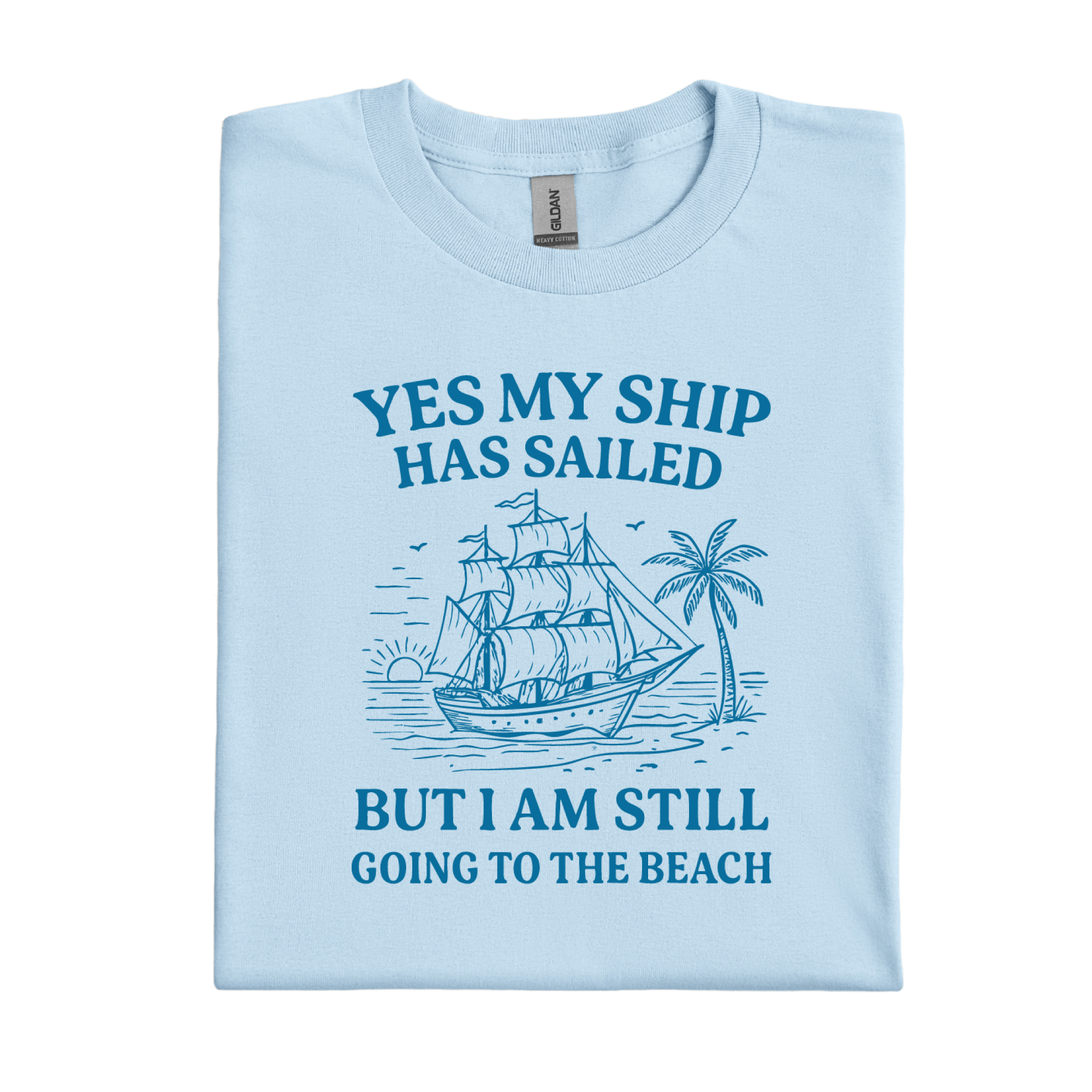 Light blue t-shirt with a ship and beach graphic and text on a white background