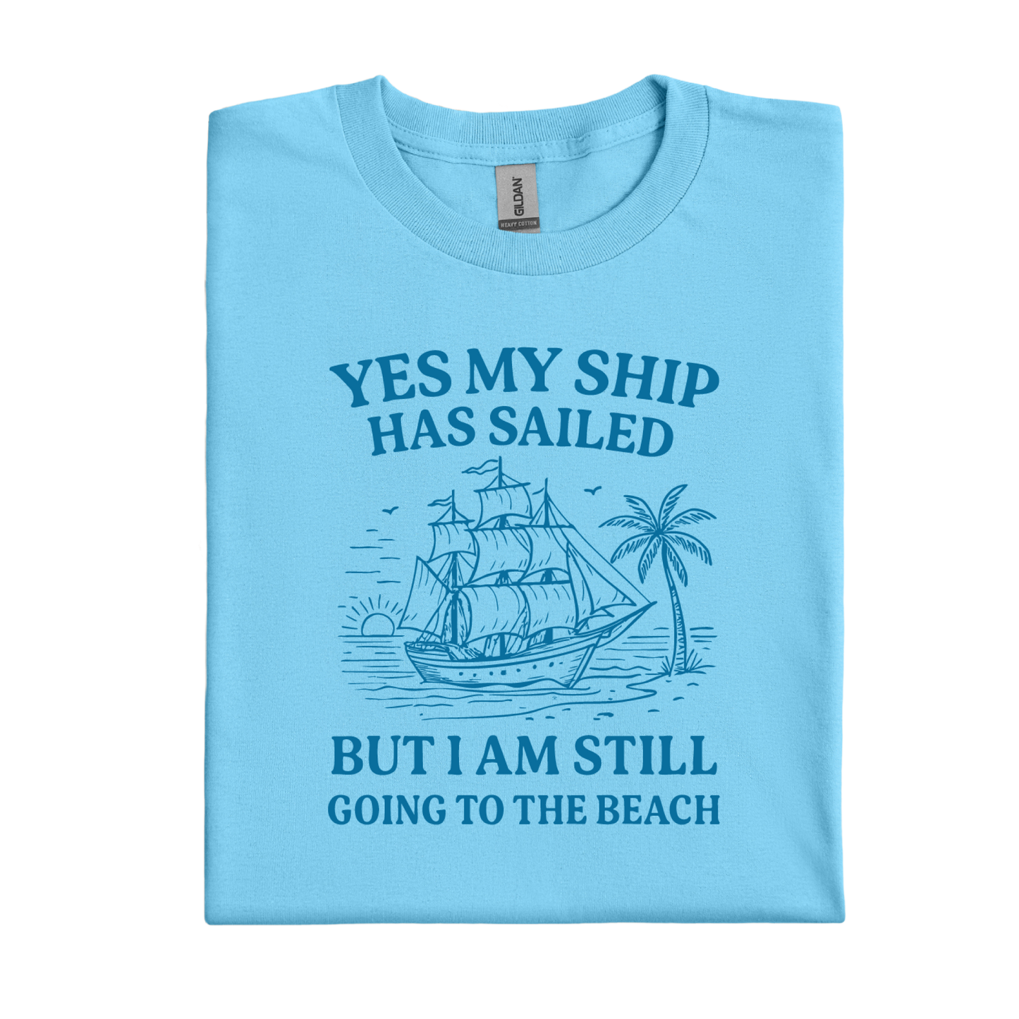 Sky blue t-shirt with a ship graphic and text on a white background