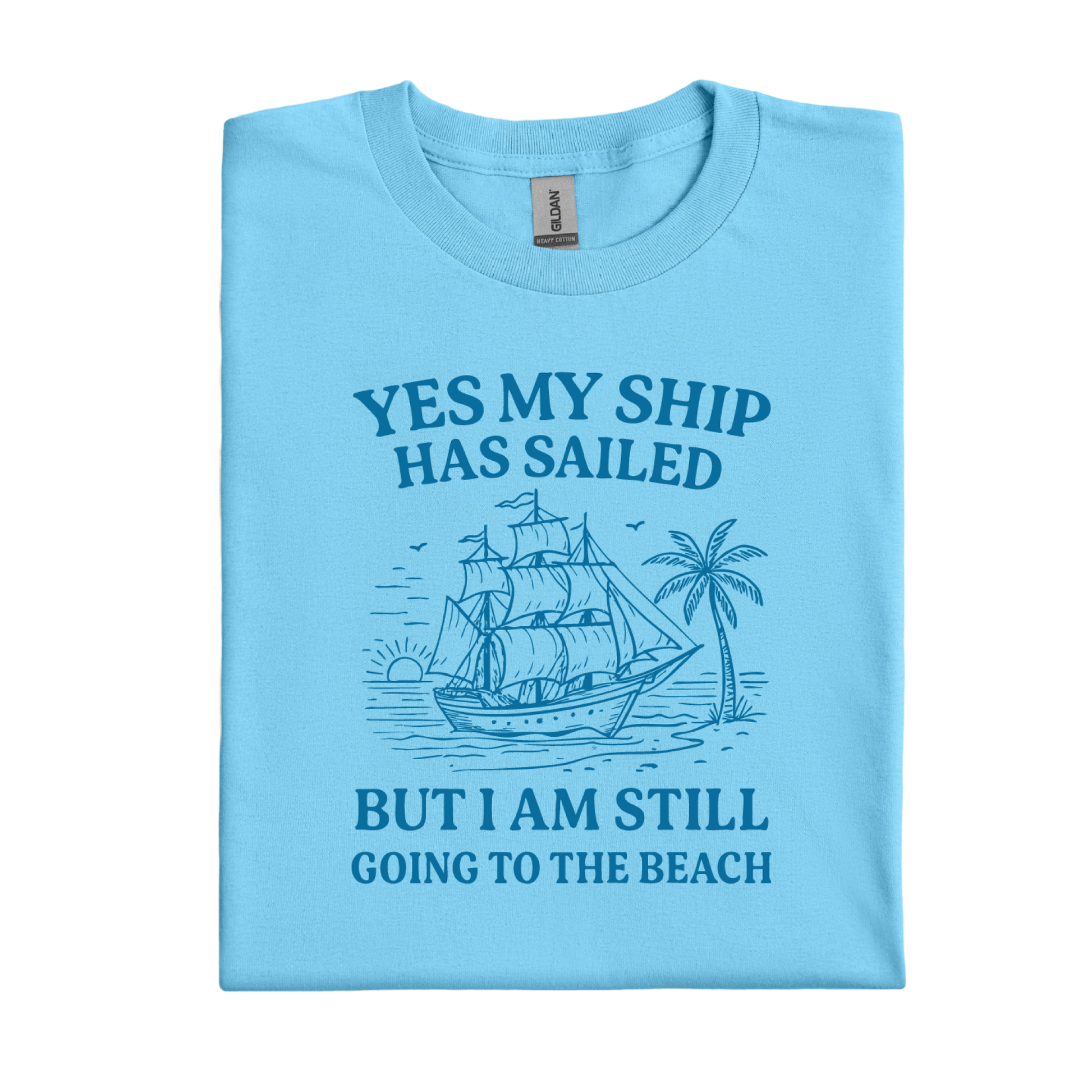 Sky blue t-shirt with a ship graphic and text on a white background