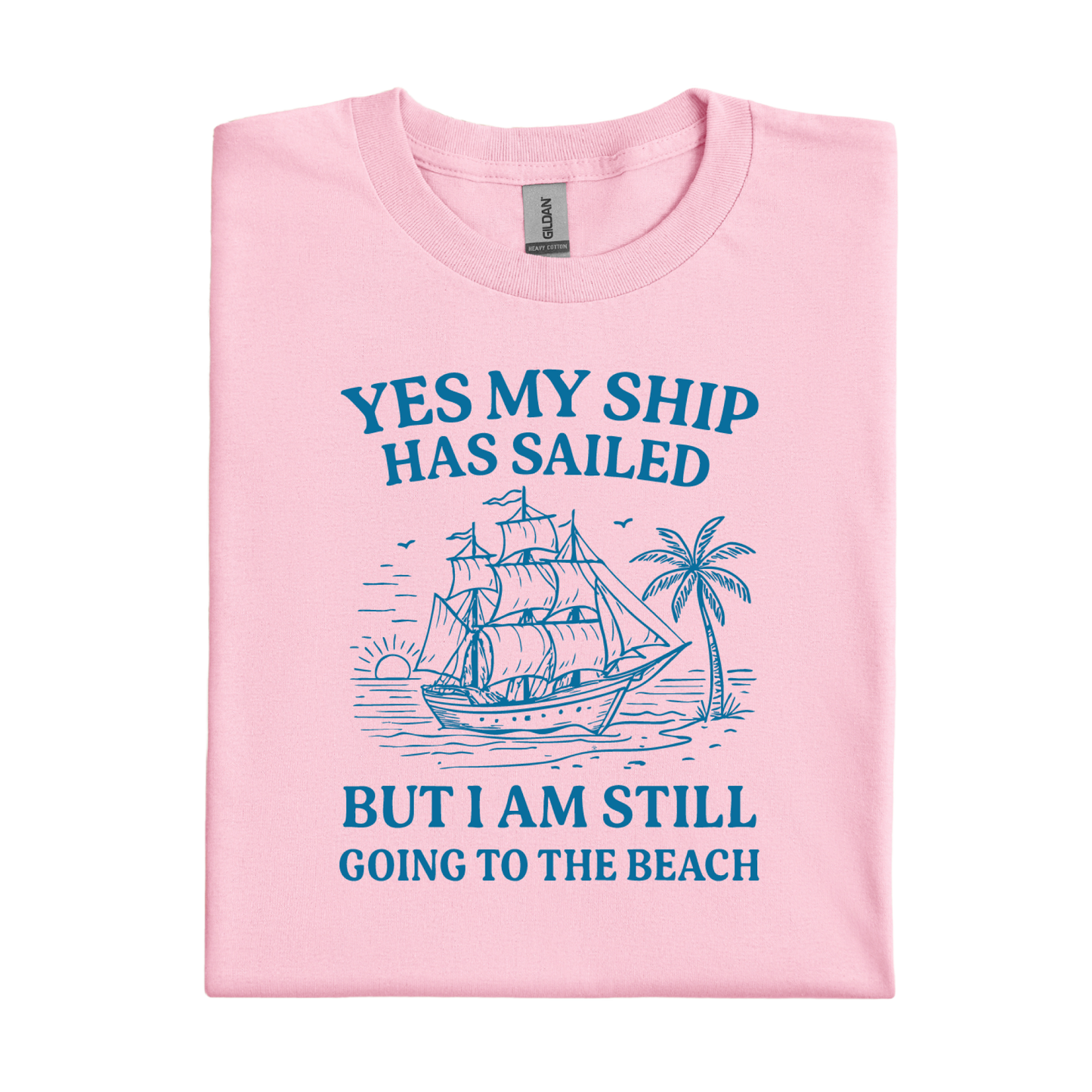 Light Pink t-shirt with blue ship graphic and text on a white background