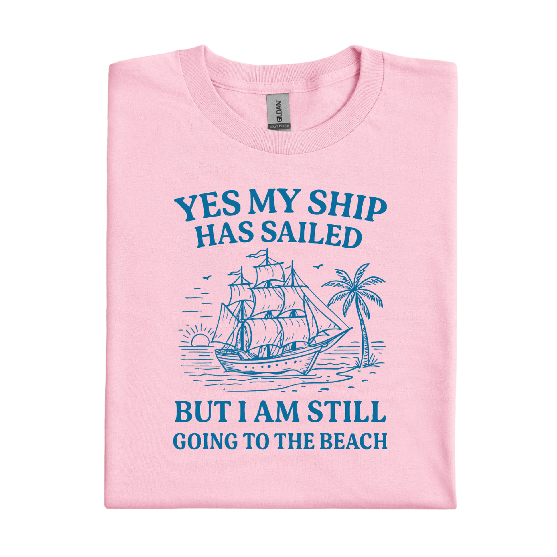 Light Pink t-shirt with blue ship graphic and text on a white background