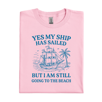 Light Pink t-shirt with blue ship graphic and text on a white background