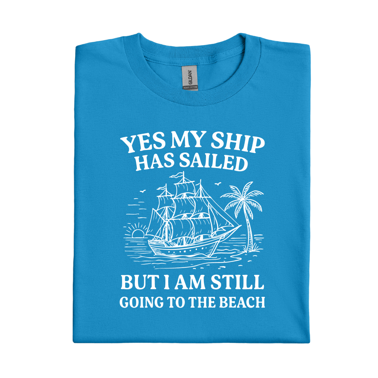 Sapphire Blue t-shirt with white text and ship graphic on a white background