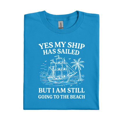 Sapphire Blue t-shirt with white text and ship graphic on a white background