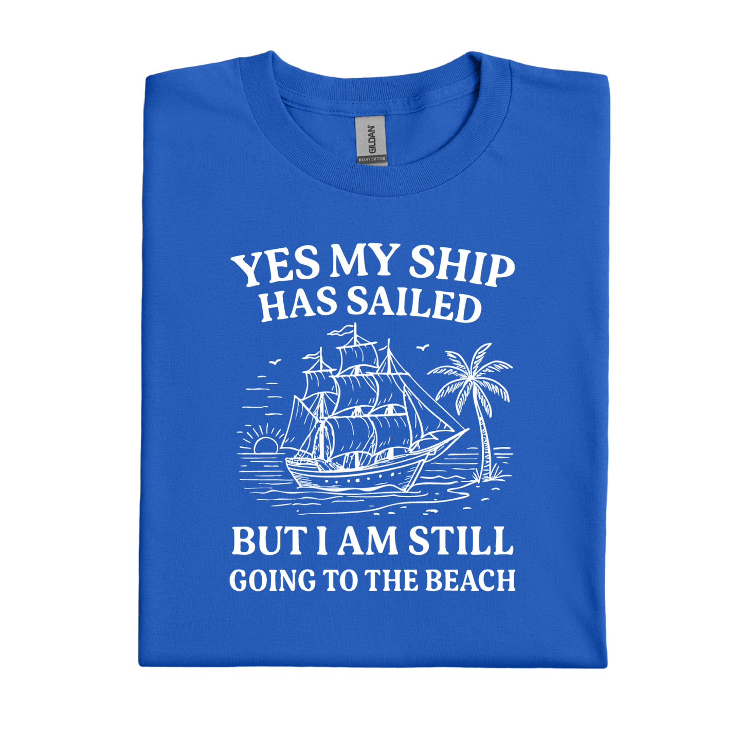 Royal Blue t-shirt with white text and ship graphic on a white background