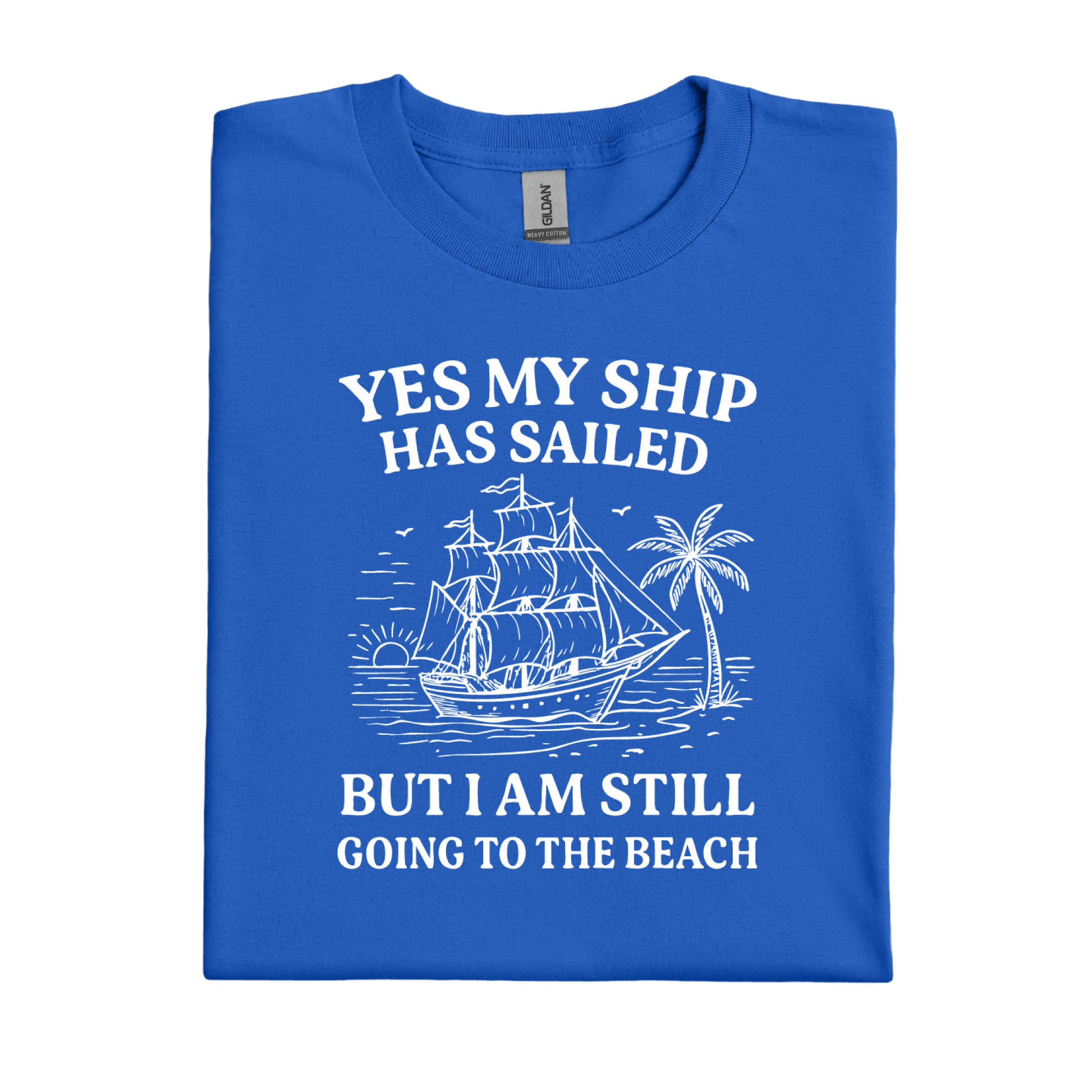 Royal Blue t-shirt with white text and ship graphic on a white background