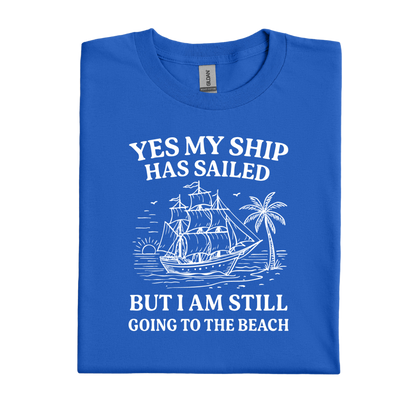 Royal Blue t-shirt with white text and ship graphic on a white background