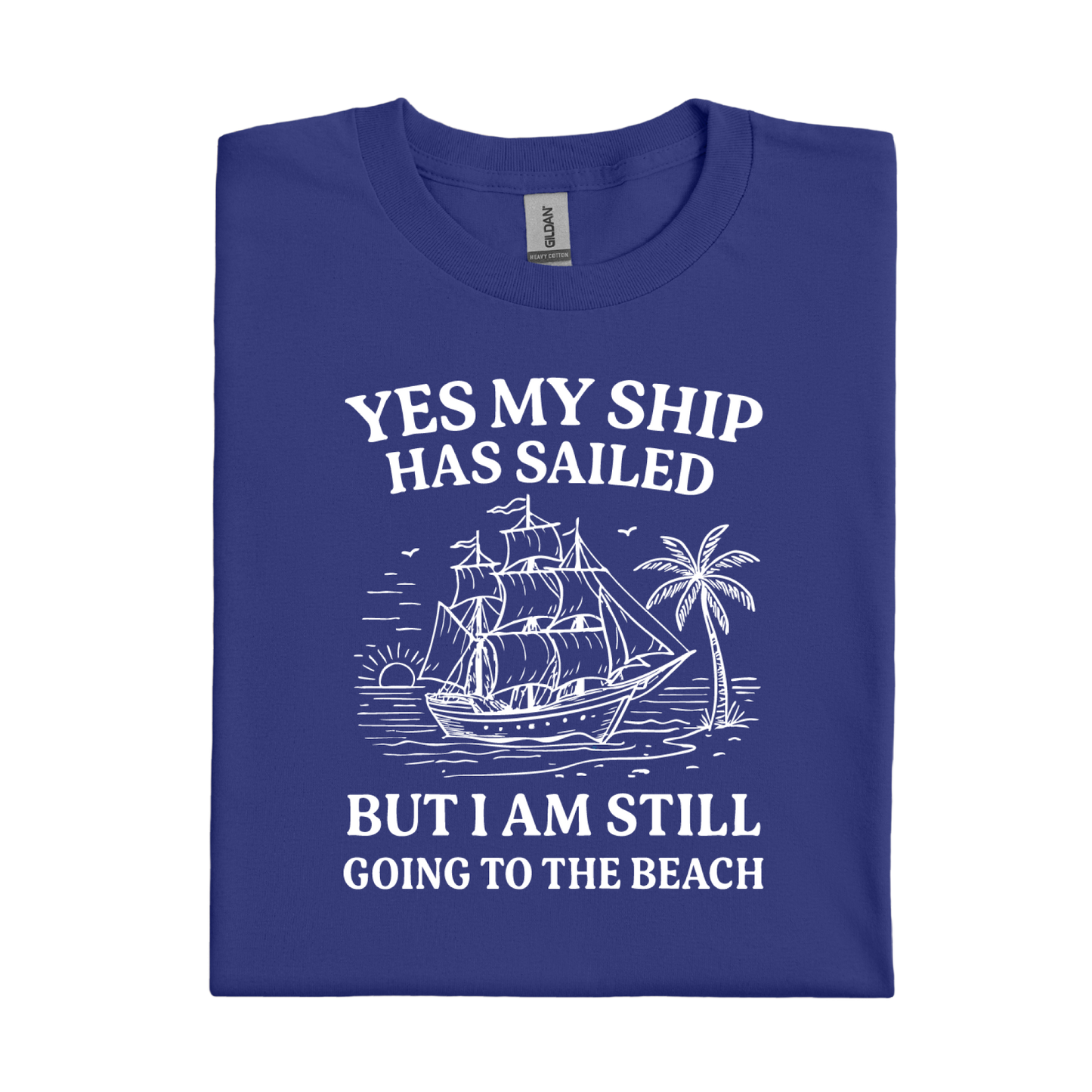 Cobalt Blue t-shirt with white ship graphic and text on a white background
