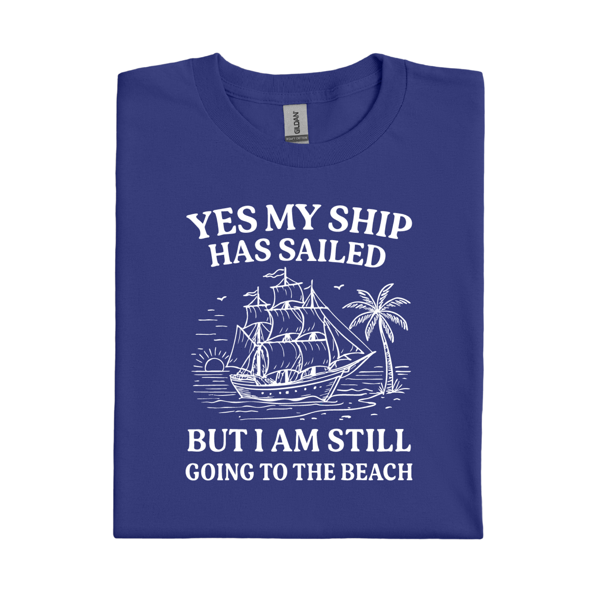 Cobalt Blue t-shirt with white ship graphic and text on a white background
