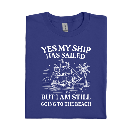 Cobalt Blue t-shirt with white ship graphic and text on a white background