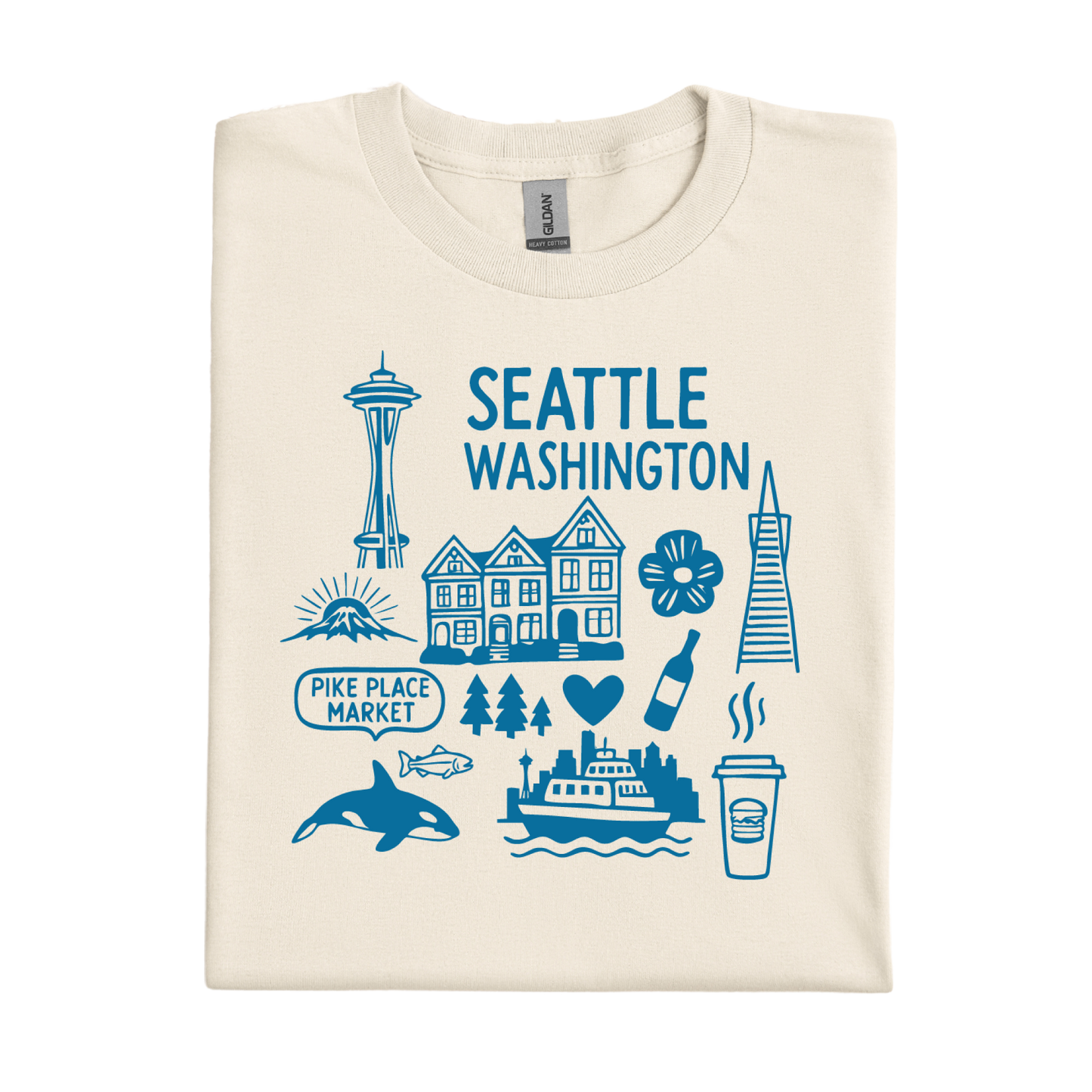 Natural colored t-shirt with blue graphics and text about Seattle, Washington