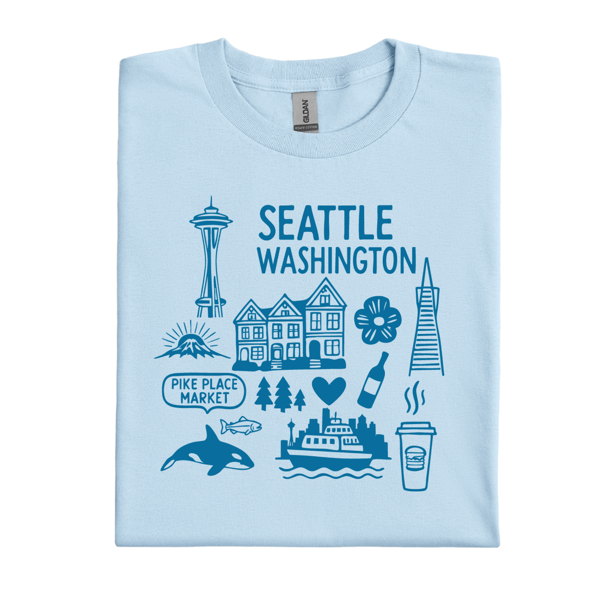 Light blue t-shirt with blue graphics and text on a white background