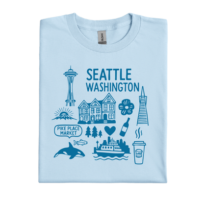 Light blue t-shirt with blue graphics and text on a white background