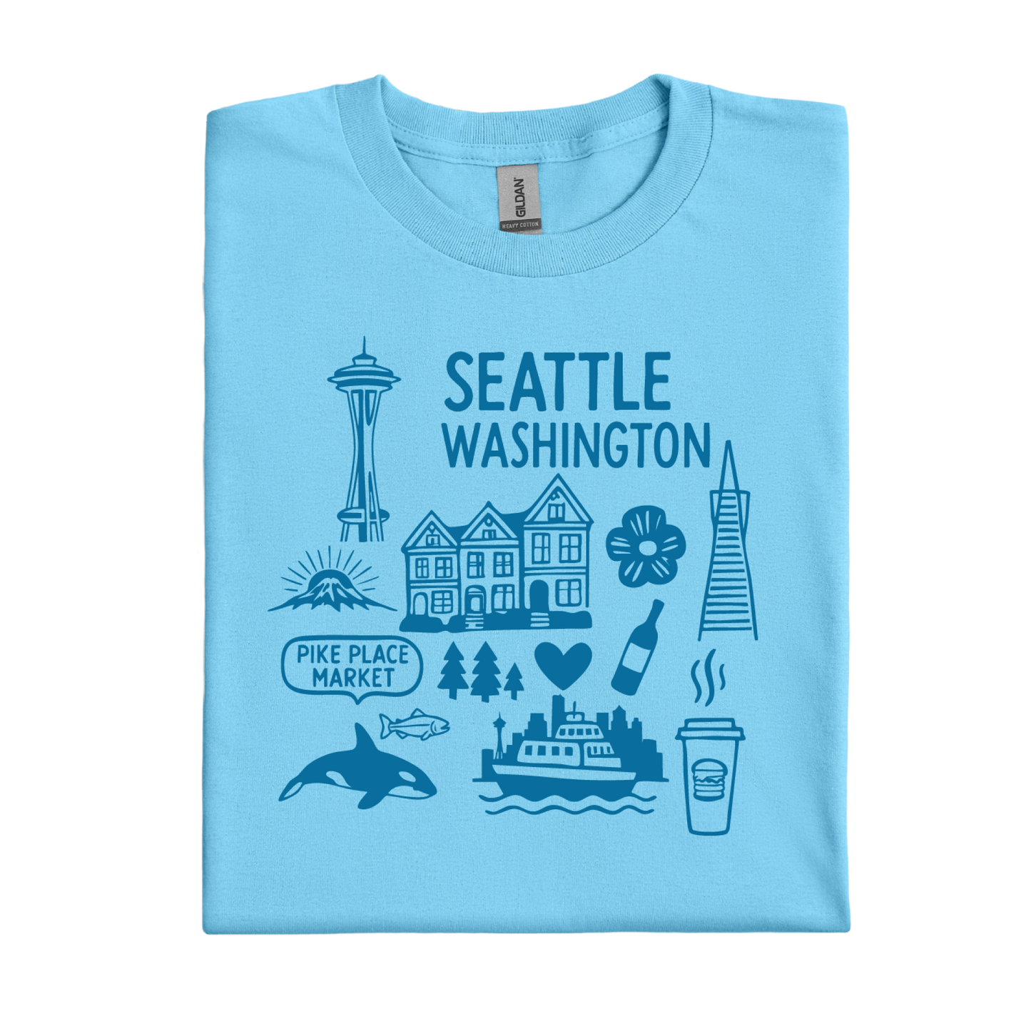 Sky blue t-shirt with Seattle-themed graphics and text on a white background