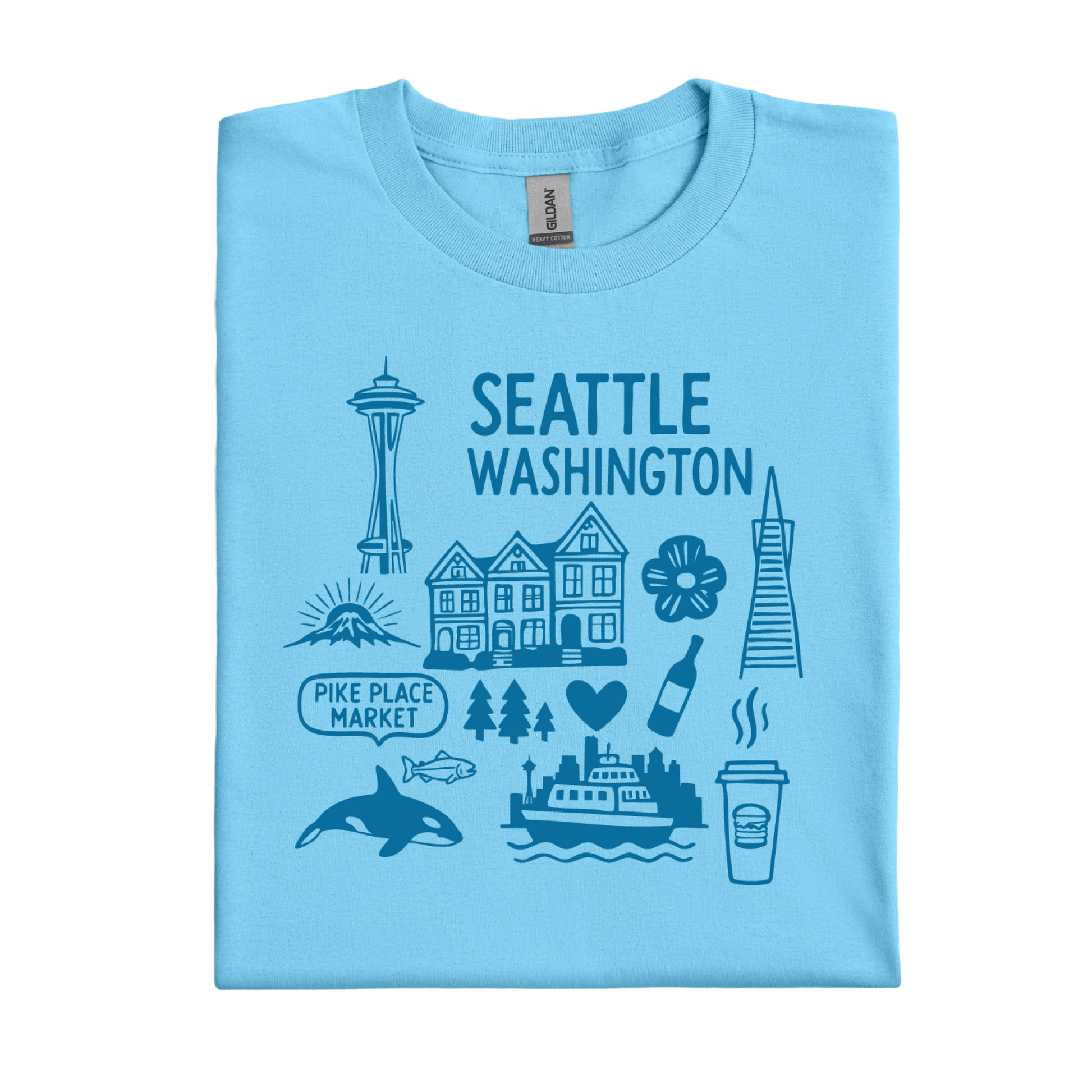 Sky blue t-shirt with Seattle-themed graphics and text on a white background