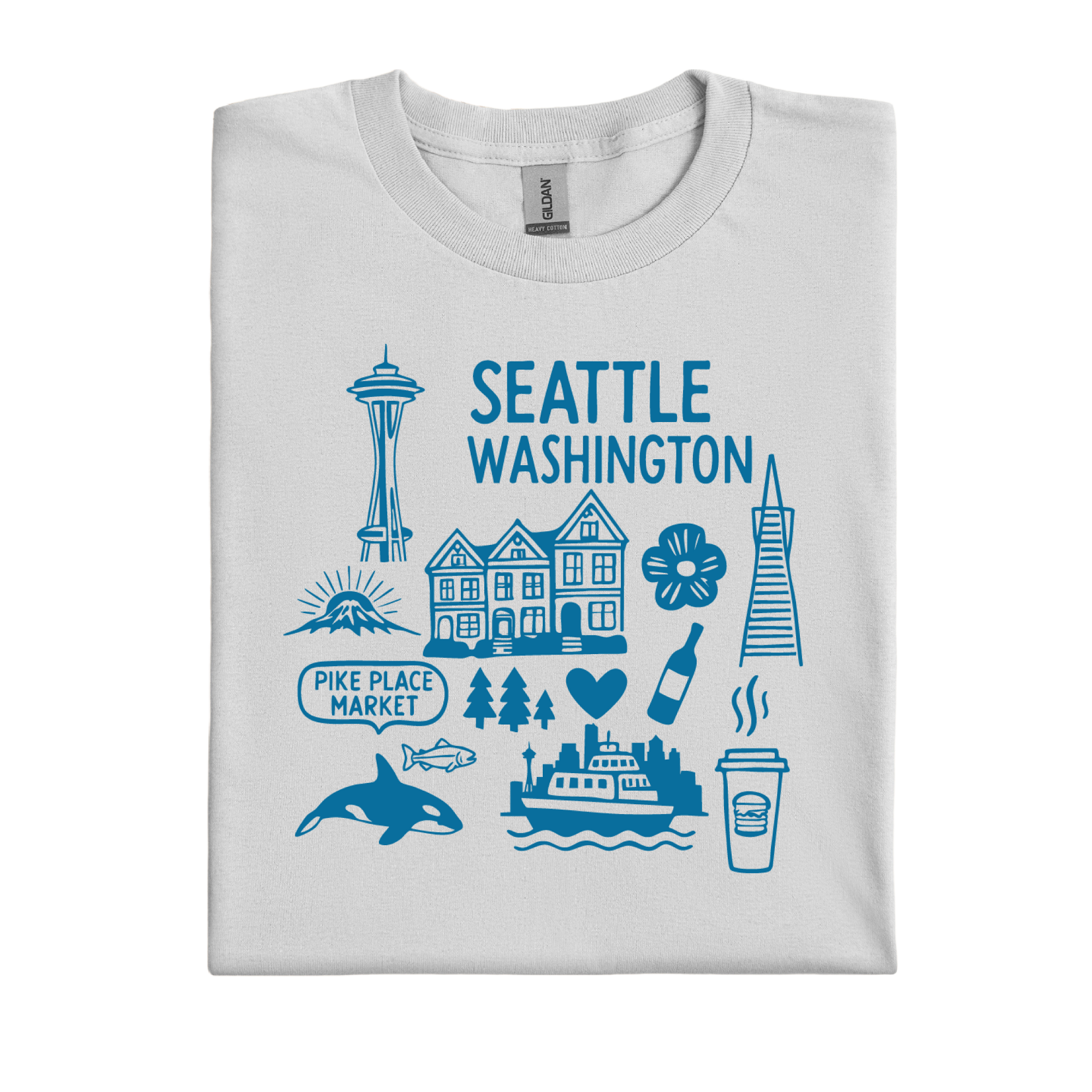 ice grey t-shirt with blue graphics and text about Seattle, Washington