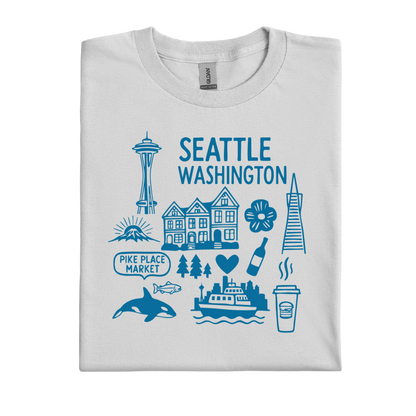 ice grey t-shirt with blue graphics and text about Seattle, Washington
