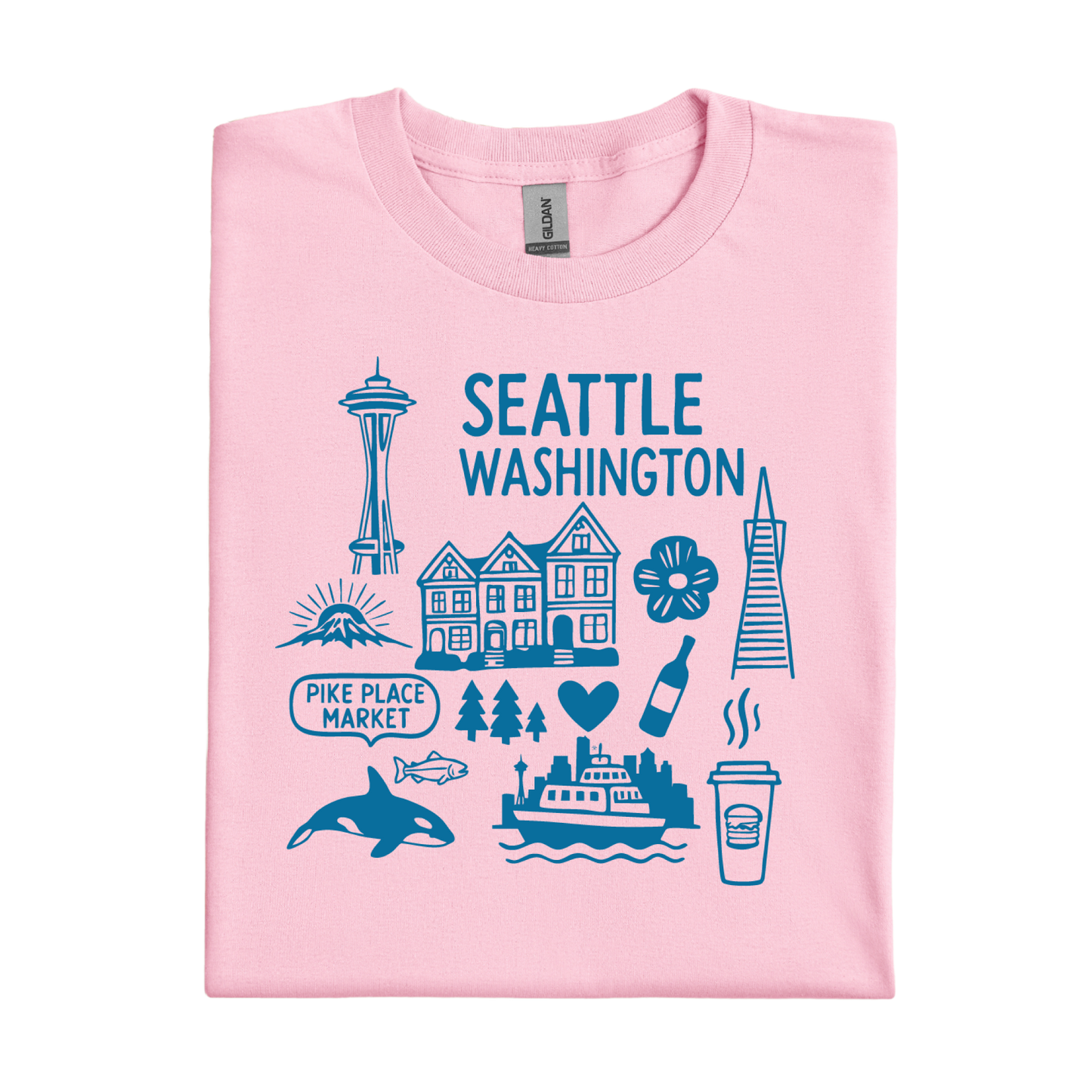 Pink t-shirt with blue graphics and text about Seattle, Washington