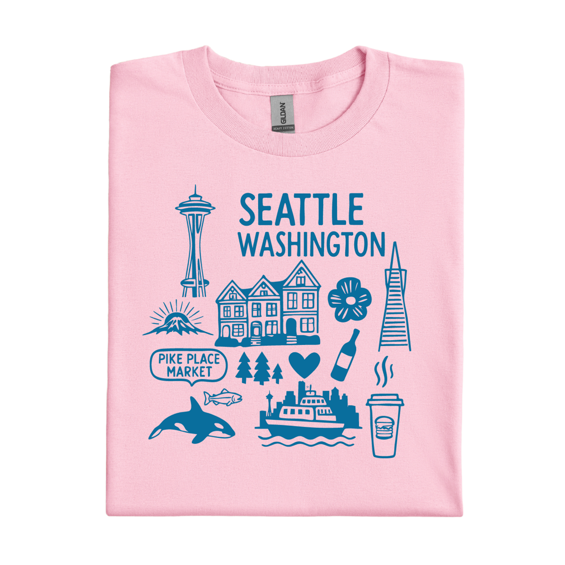 Pink t-shirt with blue graphics and text about Seattle, Washington