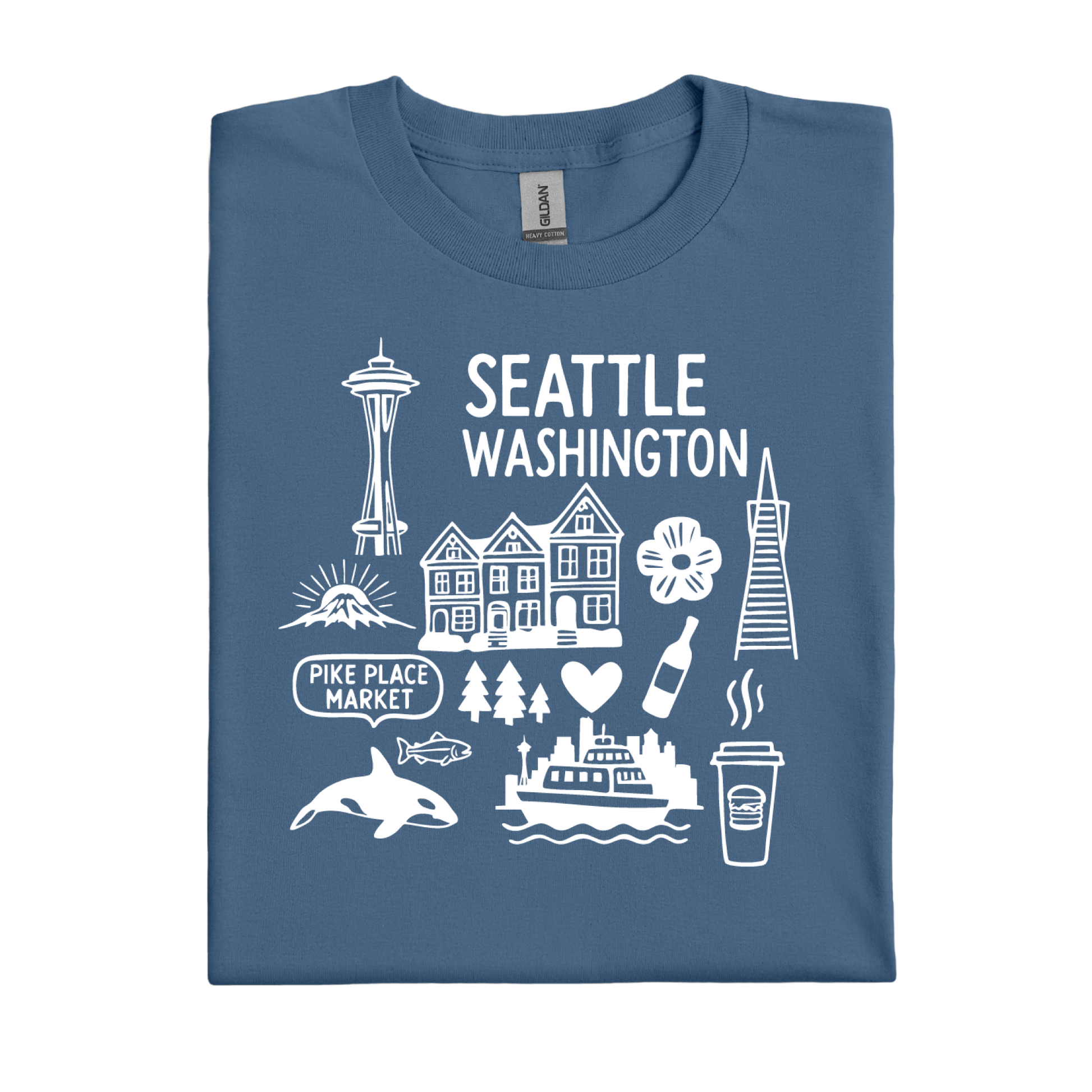 Indigo Blue t-shirt with white Seattle-themed graphics on a white background