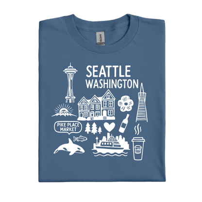 Indigo Blue t-shirt with white Seattle-themed graphics on a white background