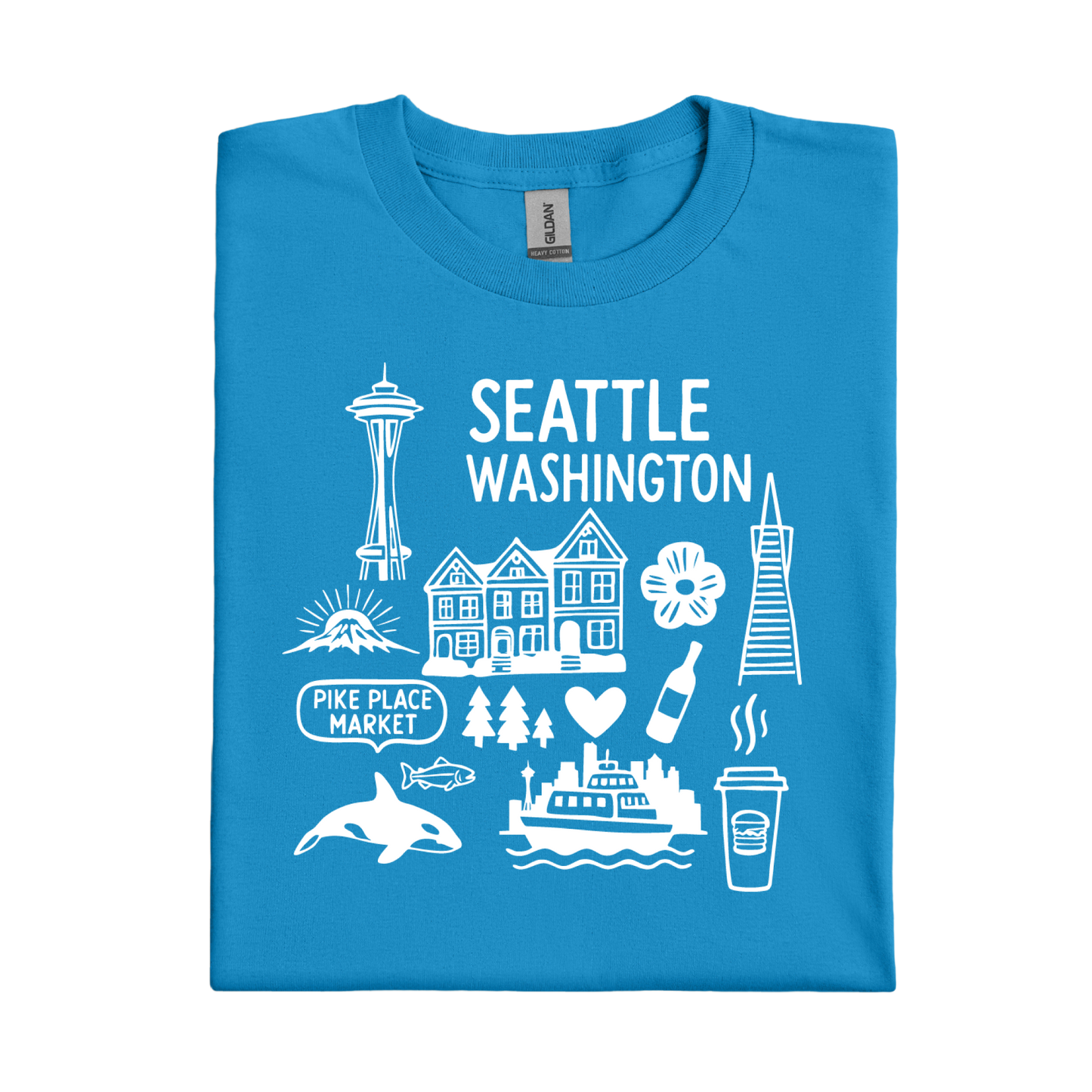 Sapphire Blue t-shirt with white graphics and text about Seattle, Washington