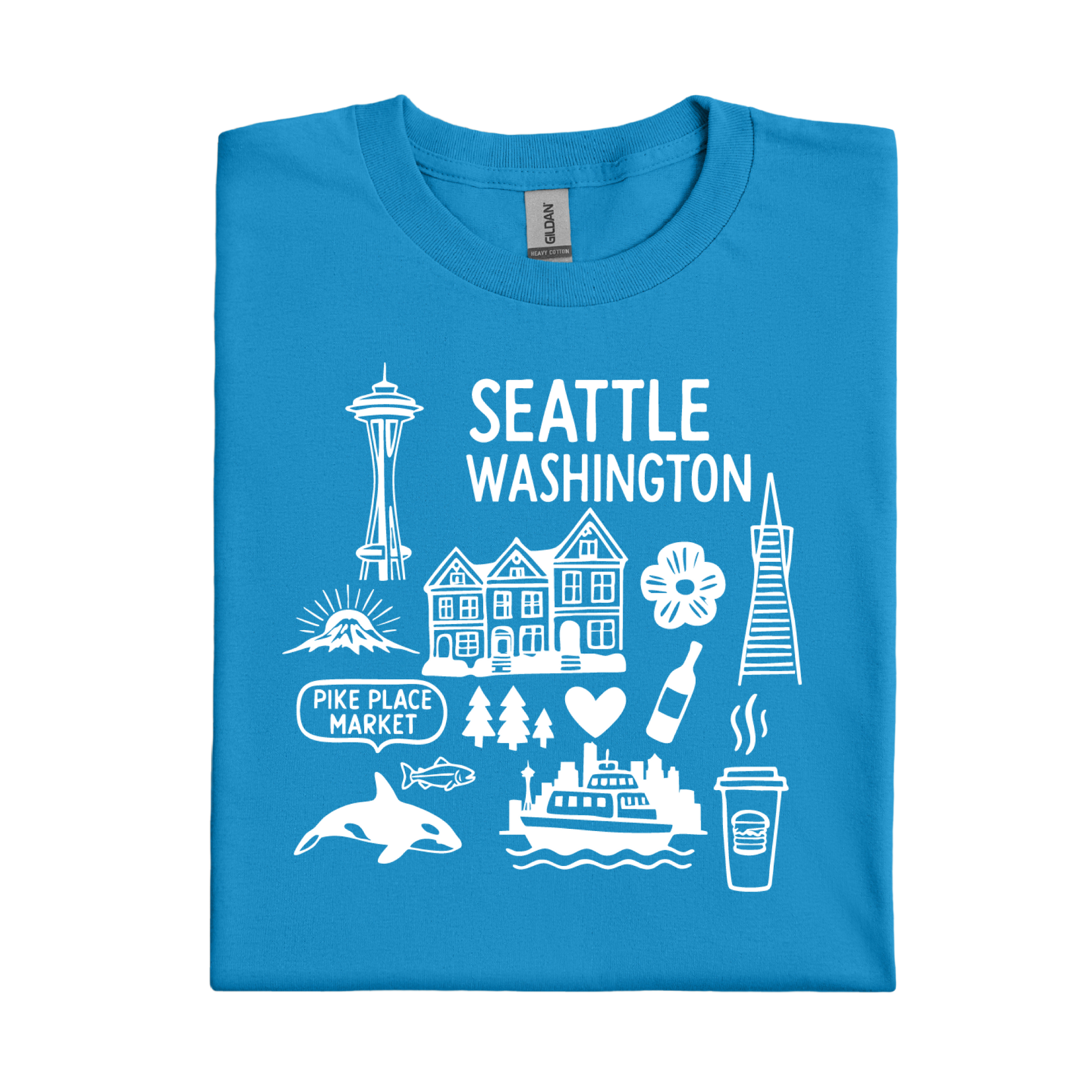 Sapphire Blue t-shirt with white graphics and text about Seattle, Washington