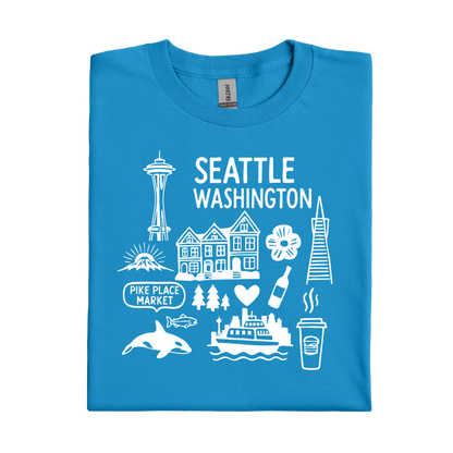 Sapphire Blue t-shirt with white graphics and text about Seattle, Washington