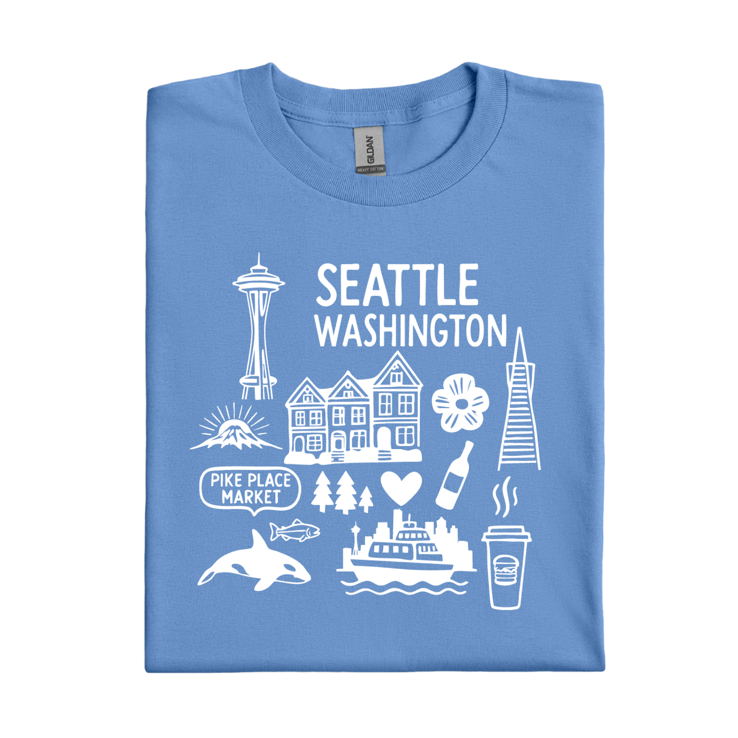 Carolina Blue t-shirt with white graphics and text about Seattle, Washington