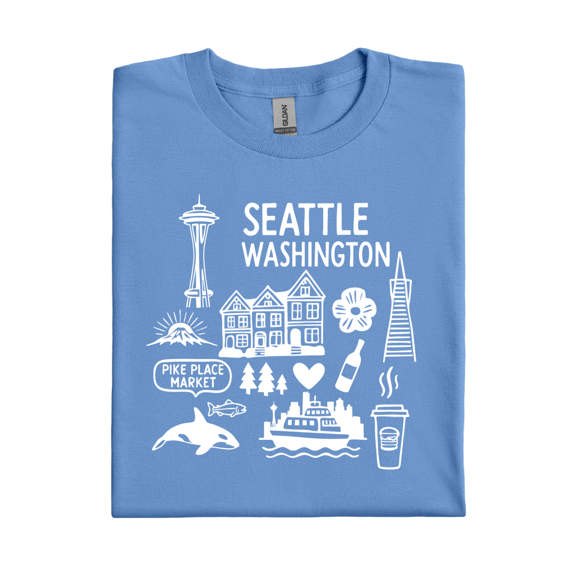 Carolina Blue t-shirt with white graphics and text about Seattle, Washington