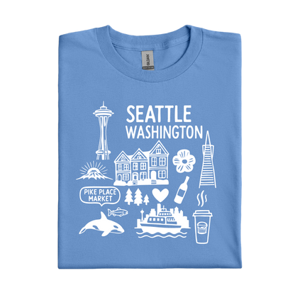 Carolina Blue t-shirt with white graphics and text about Seattle, Washington